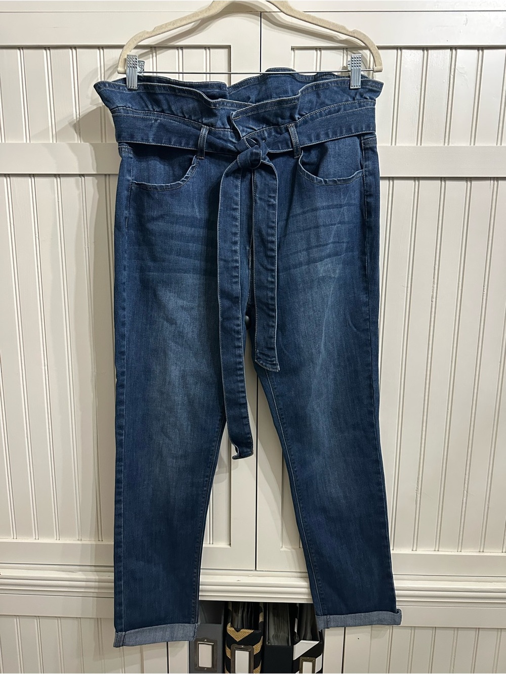 C’Est Toi High-Waist Tie-Belt Paperbag Jeans — Blue size 15